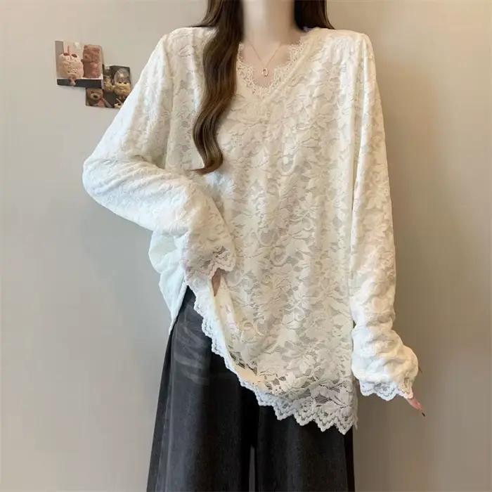 Col en V dentelle Patchwork lâche coréen pulls haut automne hiver nouveau à manches longues solide doux t-shirts mode paresseux femmes vêtements