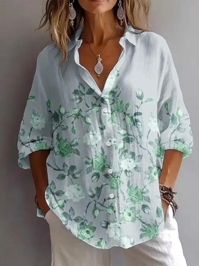 Chemise femme mode Blouses printemps automne graphique Floral élégant Vintage à manches longues col de chemise régulier quotidien boutons hauts