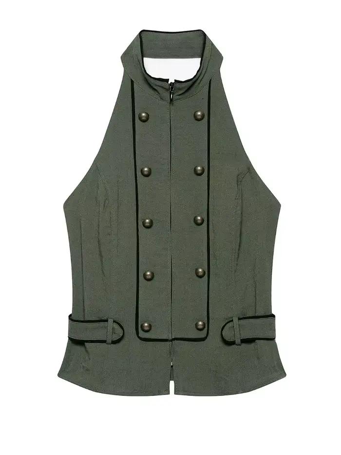 HH Gilet Militaire Bohème Romantique Olive pour Femme