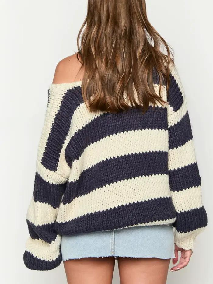 Pull rayé à manches longues et col en V pour femmes
