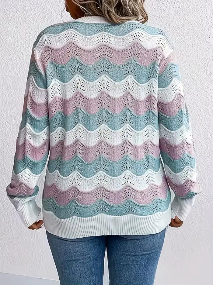Mode féminine grande taille européenne et américaine : Pull en tricot sexy à col en V avec découpes et blocs de couleur pour femmes