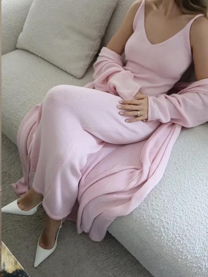 Femmes léger luxe coupe ajustée tricoté manteau robe costume mode élégant solide doux décontracté maison
