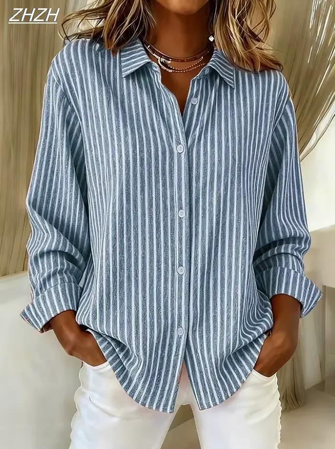 Chemise femme chemisier rayé Vintage élégant décontracté à manches longues col de chemise hauts réguliers boutons quotidiens imprimer printemps automne hiver