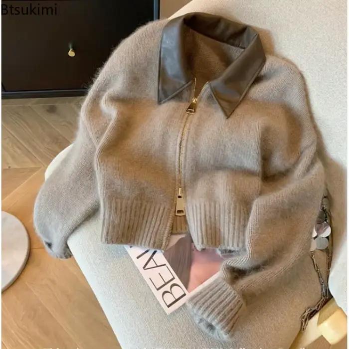 Femmes col en cuir Patchwork Double fermeture éclair tricot Cardigan doux confortable tricoté pull manteaux revers