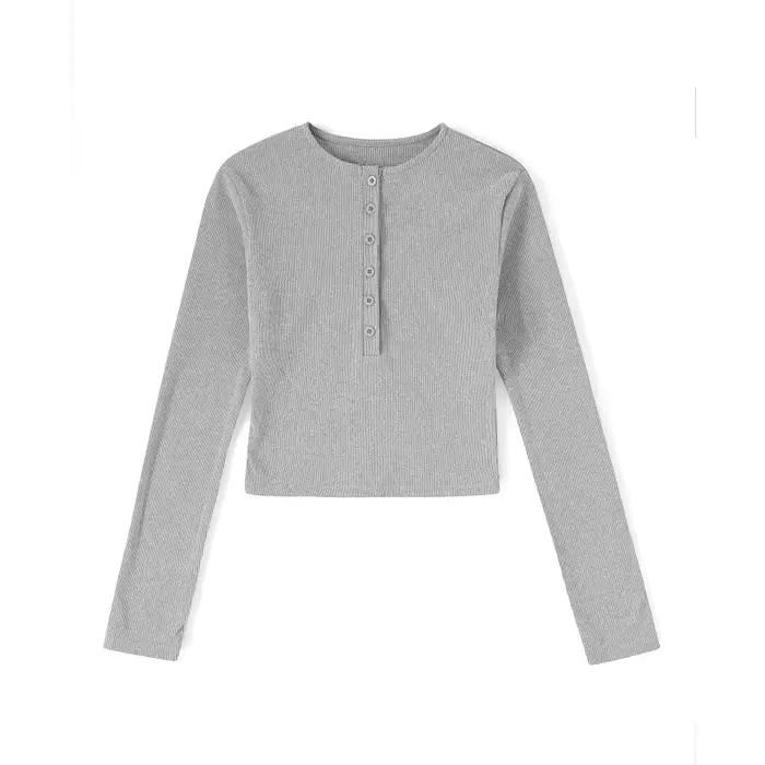 Puloru-T-shirt à manches longues et col Henley pour femme