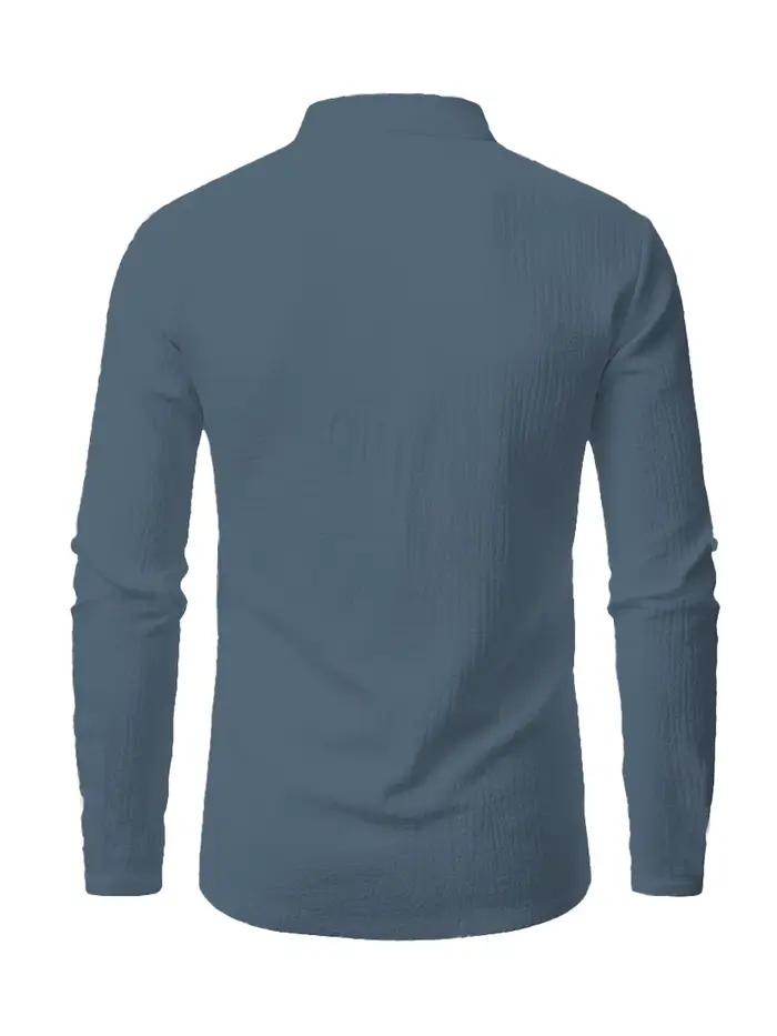 Chemise décontractée pour homme à col montant, manches longues, boutonnée