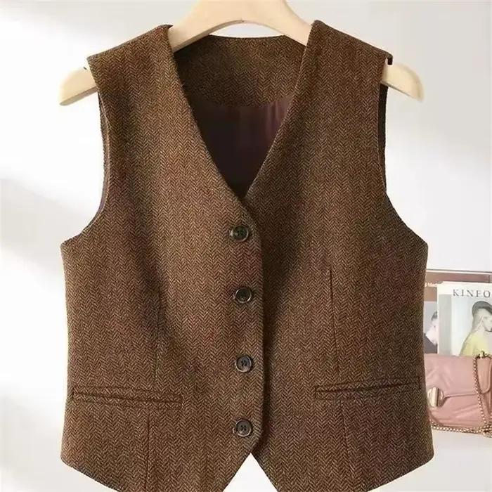 Nouveau gilet rétro style britannique 2026 à col en V et motif chevrons pour femme