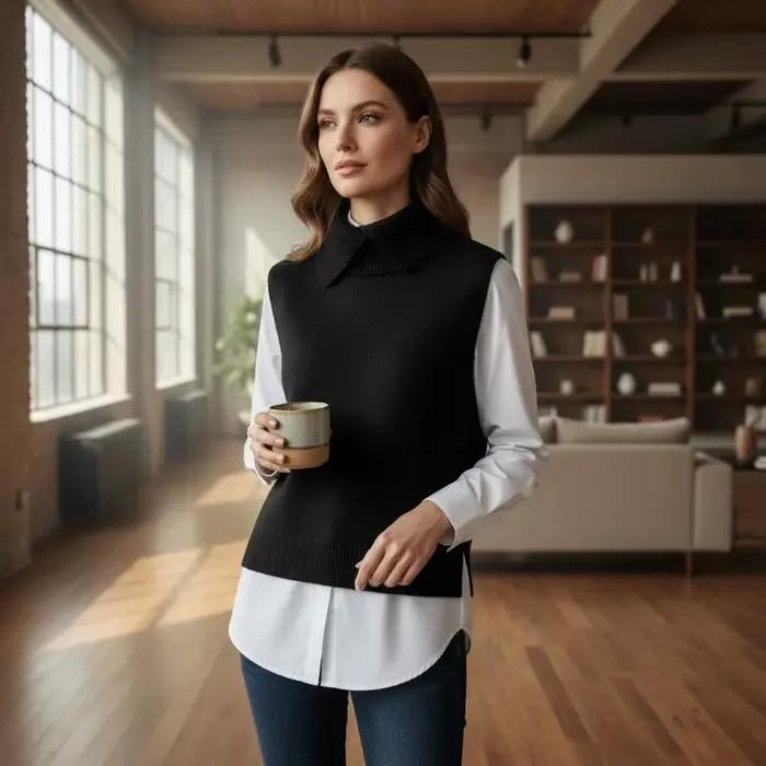 Gilet en tricot coréen uni à col tailleur sans manches