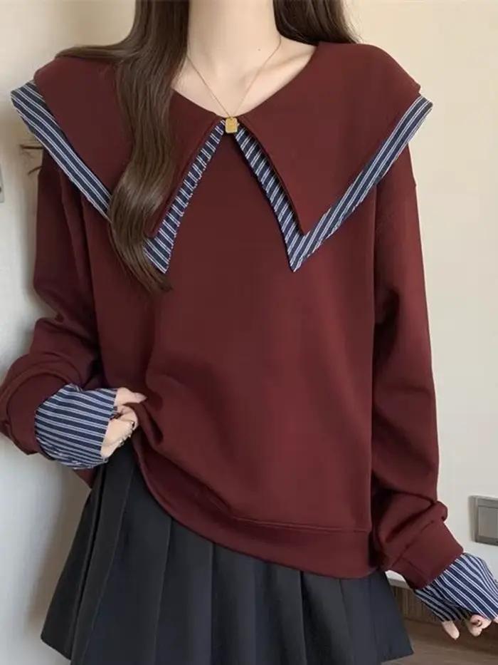 Sweat-shirt à col marin japonais pour femmes style préppy patchwork printemps automne ample manches longues deux hauts kawaii vintage
