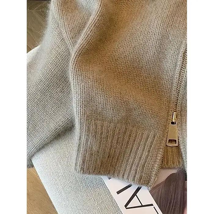 Patchwork fermeture éclair recadrée Cardigan femmes 400g épais automne tricoté pull Bomber veste Vintage 2000s court ajusté tricots manteau