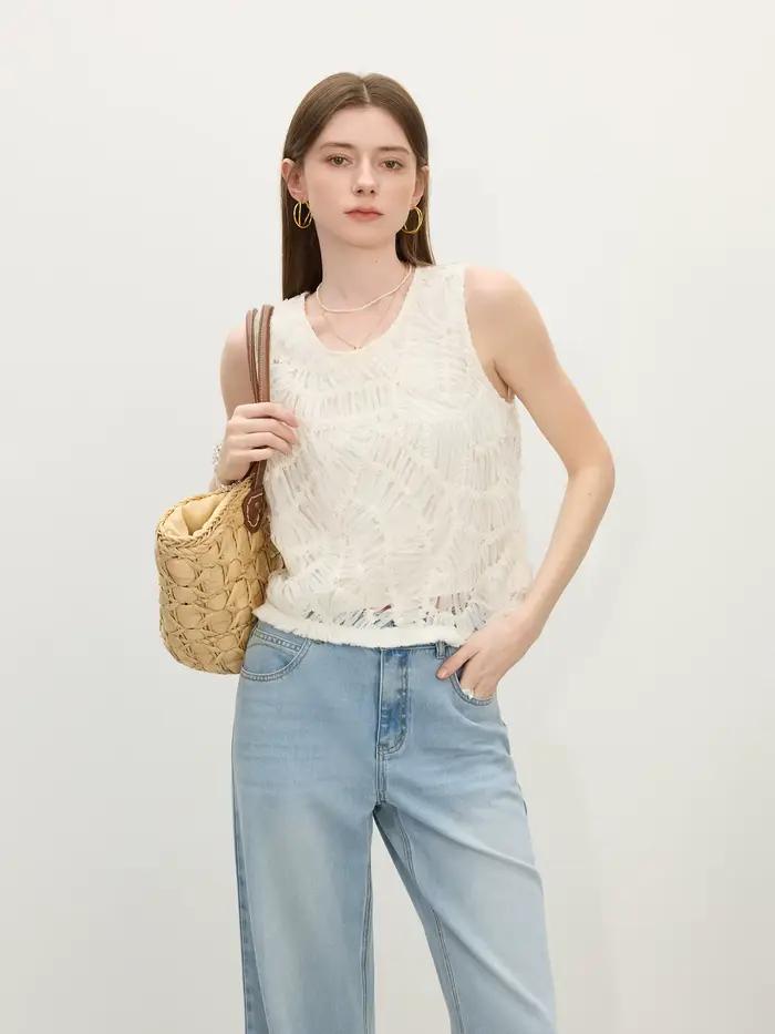 FSLE tressé ample sans manches mode gilet haut Beige pour les femmes 2025 été nouveauté vacances saison polyvalent hauts 25FS12337