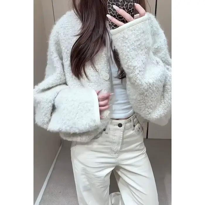 Cardigan blanc manteau d'agneau pour femme automne et hiver nouveau