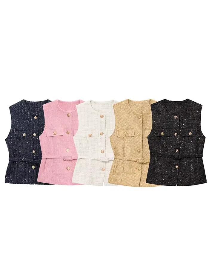 HH femmes élégant solide ceinture gilets hauts col rond bouton en métal sans manches gilet bureau vêtement d'extérieur