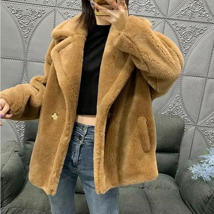 Manteau d'ours en peluche en fourrure d'agneau pour femmes