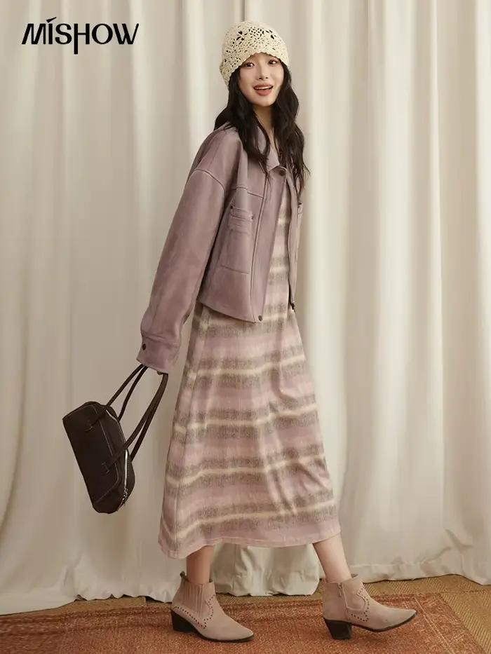MISHOW rose violet rayé gilet longue robe pour les femmes automne 2025 sans manches a-ligne mince contrasté col rond