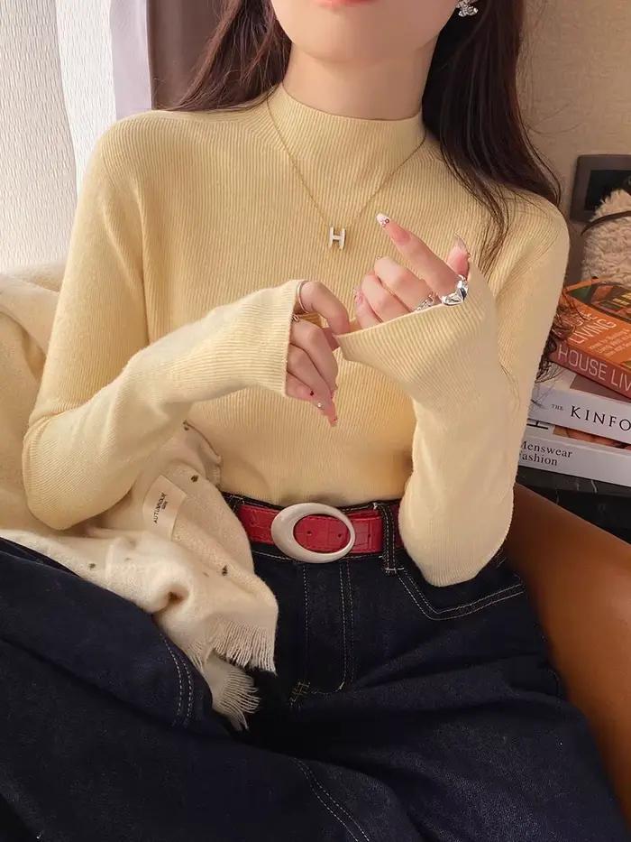 Pull jaune clair femme manches longues tricot côtelé col montant