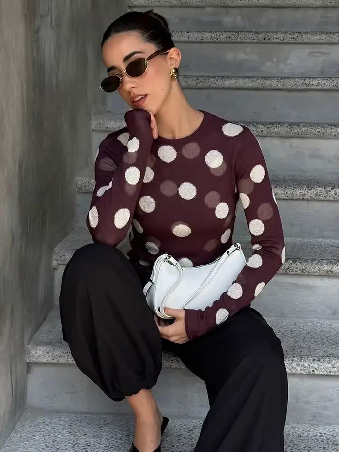 Nouveau Pull Tricoté Femme Printemps 2026 à Pois Col Rond Manches Longues Coupe Ample Décontracté pour Bureau Occasions Spéciales