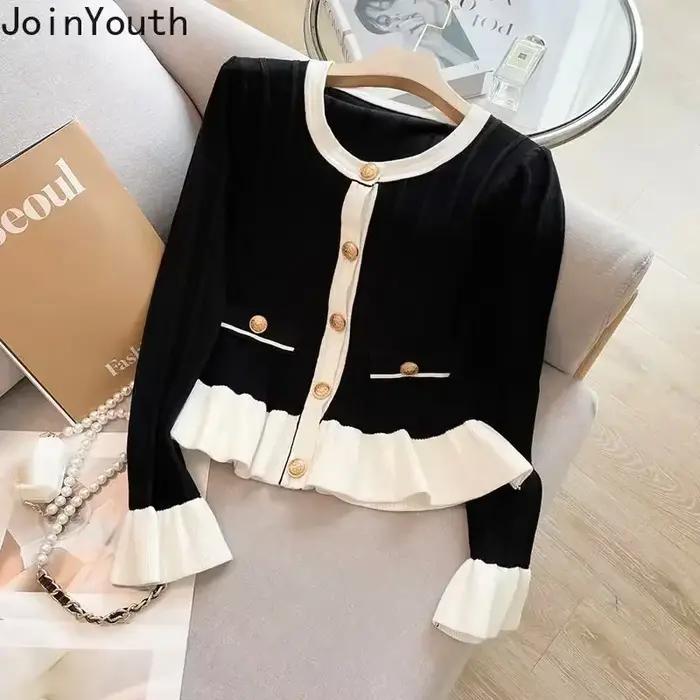 Doux Cardigan femmes vêtements col rond manches évasées tunique Sueter Mujer volants Vintage tricoté Pull manteau coréen