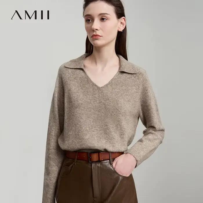 AMII femmes pull 2025 automne nouvelle femme vêtements couleur unie col en v