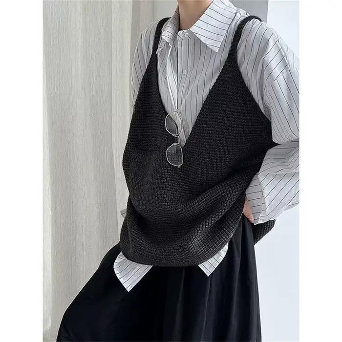 Femmes noir gris surdimensionné décontracté tricot gilet nouveau col en V sans manches pull mode printemps automne