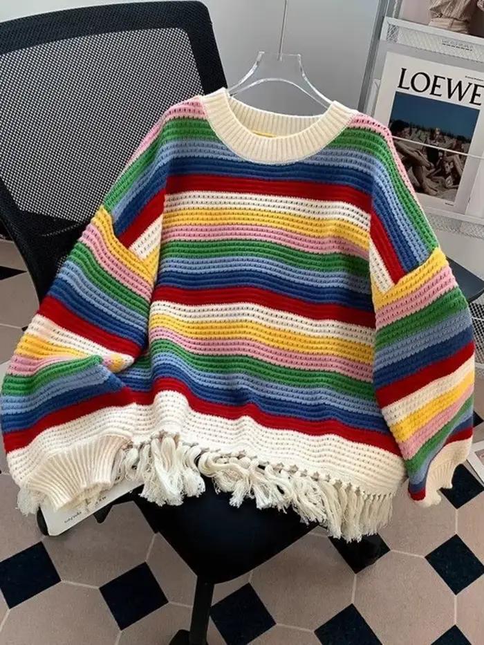 Doux gland chandails femmes Vintage mignon ample à manches longues tricoté pull décontracté rétro O cou dame évider pulls
