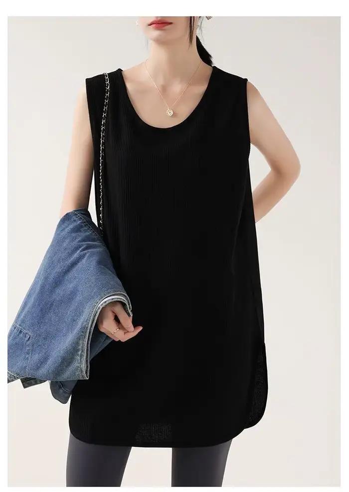 Gilet sans bretelles mi-long ample vert militaire à motif gaufré classique et polyvalent pour femme