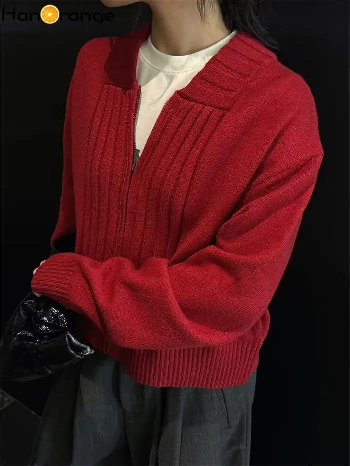 HanOrange 2026 – Nouveau cardigan ample à rayures larges pour femme, confortable et zippé, en tricot, idéal pour le printemps et les trajets quotidiens – Rouge/Bleu marine