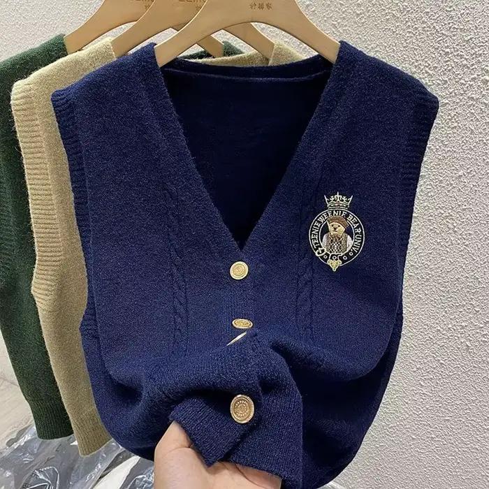 Gilet ample en polyester et coton avec ourson brodé pour femmes, col en V, coupe décontractée, automne et hiver