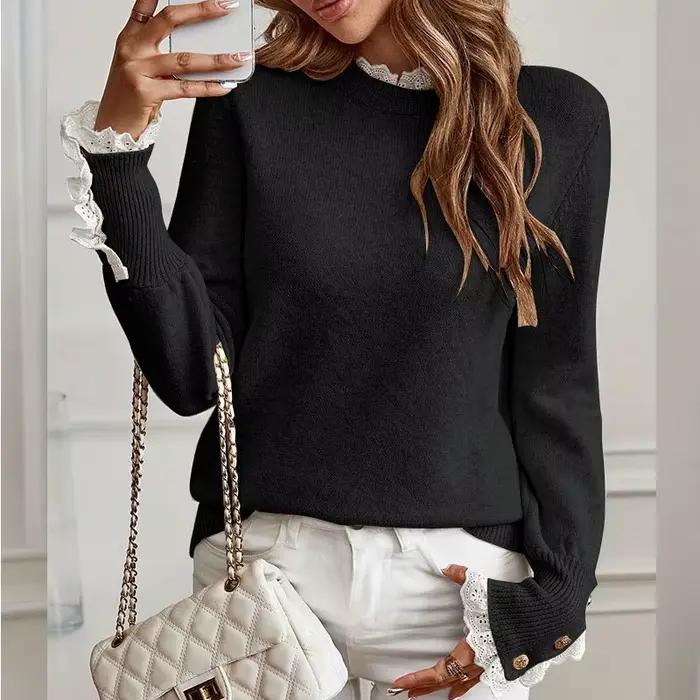 Pull en tricot pour femme avec dentelle, col rond, manches longues et boucle