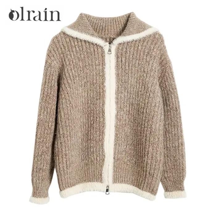 OLrain Cardigan Marron Style Français Femme 2026 Nouvelle Collection Automne Col Rabattu Manches Tombantes Tricot Zippé O56DM95269