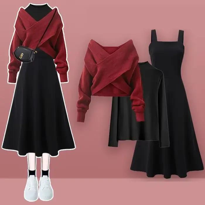 Femmes printemps automne nouveau Vintage tricot pull + chemise + sangle robe Midi 3 pièces costume 2025 coréen élégant