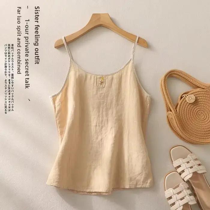Gilet rétro brodé en lin pour femme style décontracté été ample et amincissant confortable et décontracté pour sorties et événements