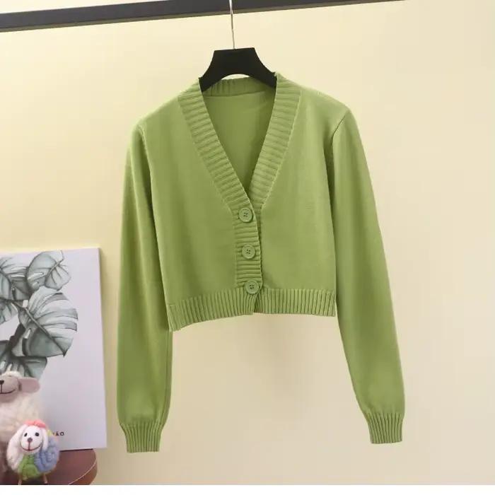 Cardigan court à col en V pour femmes, noir, blanc, simple boutonnage, GD153