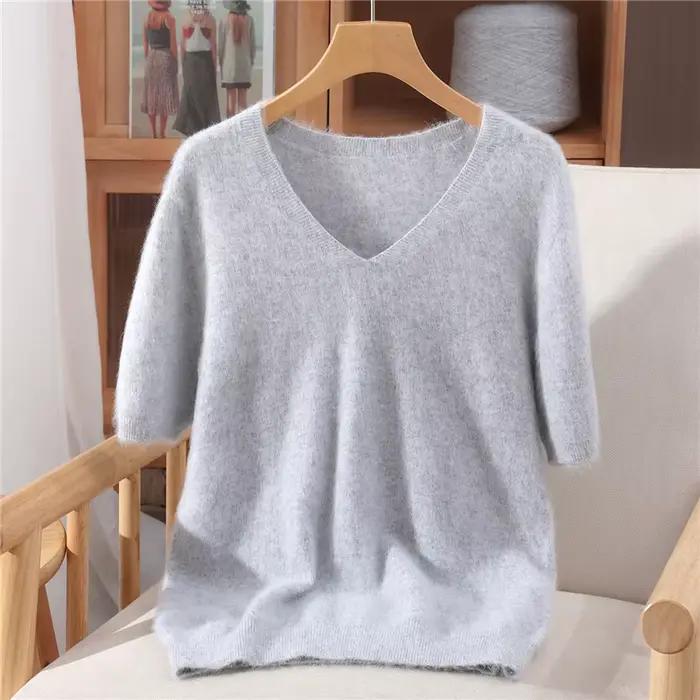 Pull à col en v en cachemire de vison pur pour femmes