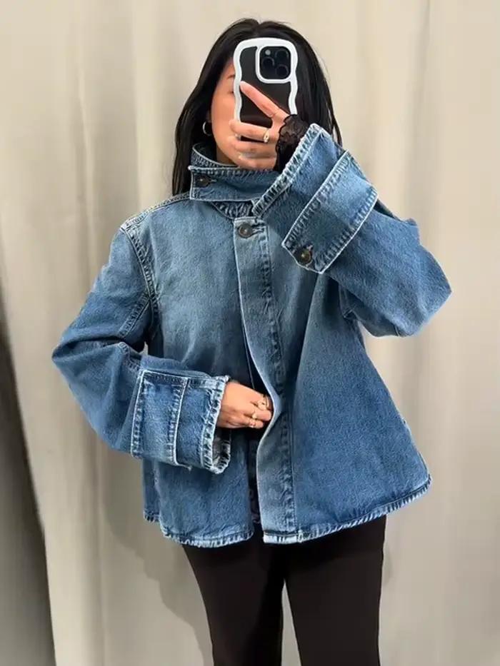 Femmes Denim tricot Patchwork veste revers épissures simple boutonnage à manches longues manteau dame poches