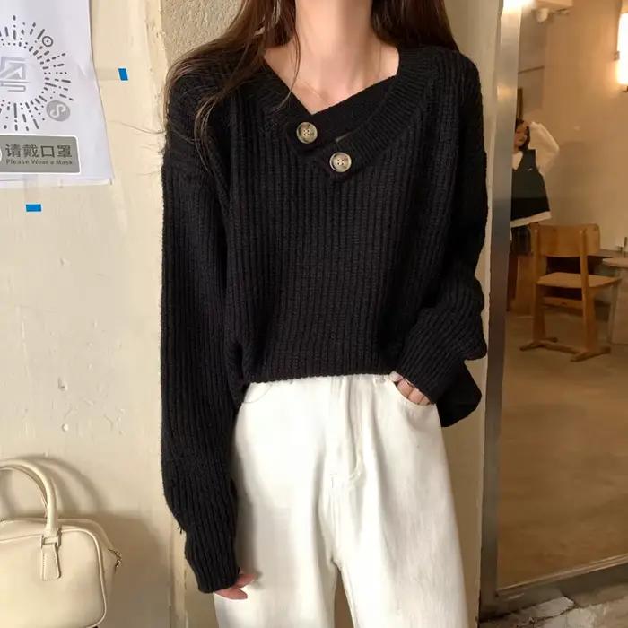 2025 col en v pull femmes automne hiver ample à manches longues solide Feamle tricots bureau dame décontracté quotidien