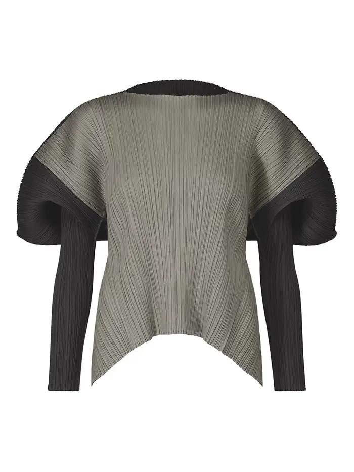 Fold Miyake plissé col rond manches longues femmes formes carrées combinaisons de couleurs haut ample