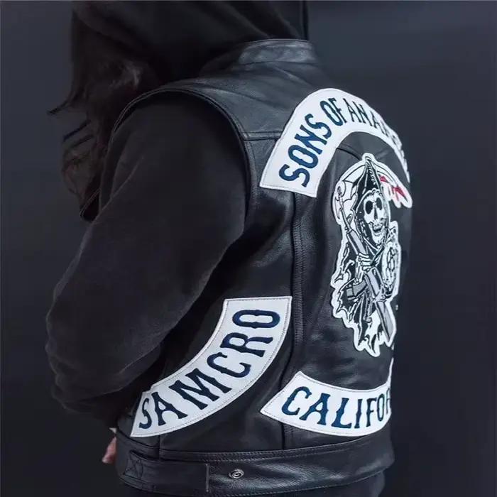 Gilet en cuir pour hommes, Costume de Cosplay de moto, veste sans manches, Sons An broderie Rock Punk, gilet en PU, col en V ukh