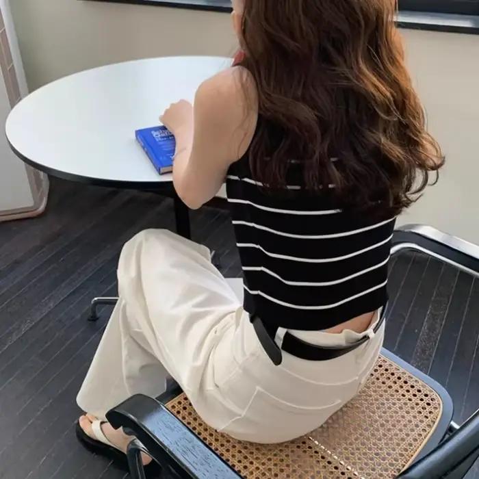 Gilet extensible rayé, haut court basique et polyvalent