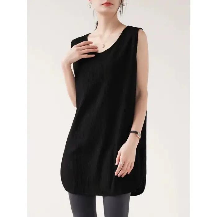 Gilet sans bretelles mi-long ample vert militaire à motif gaufré classique et polyvalent pour femme