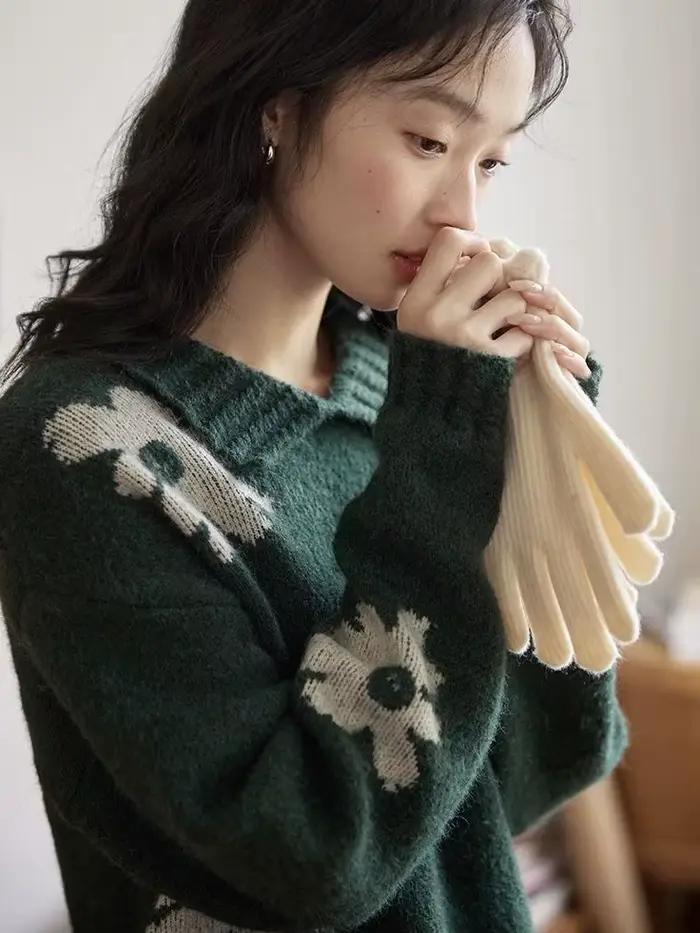 Pull à revers gris à fleurs rétro français pour femmes
