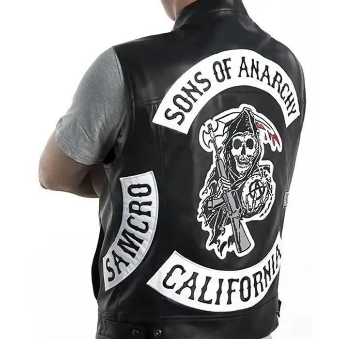 Gilet en cuir pour hommes, Costume de Cosplay de moto, veste sans manches, Sons An broderie Rock Punk, gilet en PU, col en V ukh