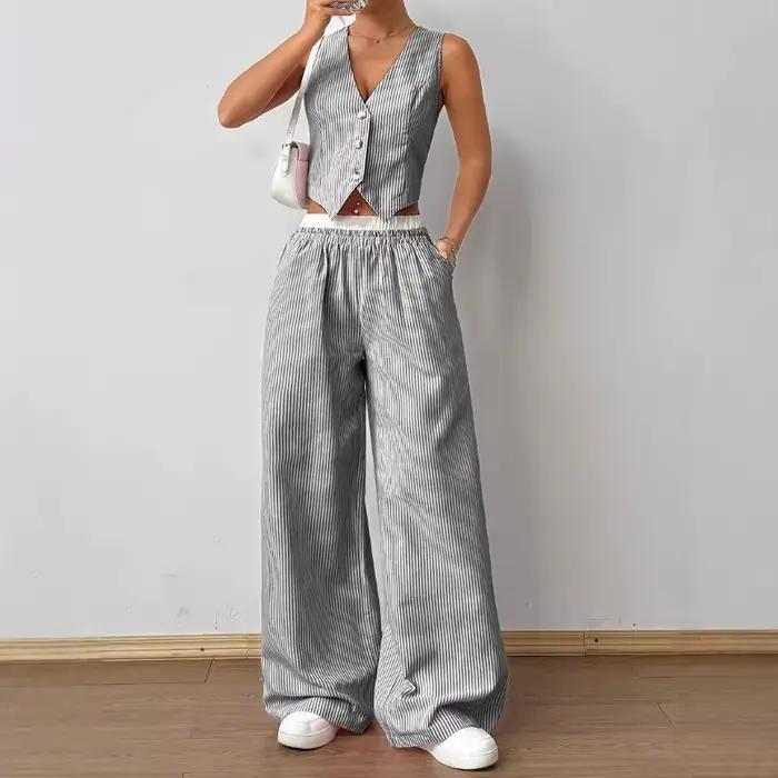 2025 nouveau élégant rayé sans manches col en v gilet taille contraste Co pantalon deux pièces ensemble été Woen ensembles mode costume haut