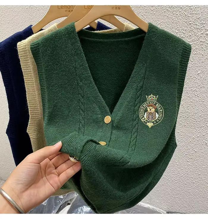 Gilet ample en polyester et coton avec ourson brodé pour femmes, col en V, coupe décontractée, automne et hiver