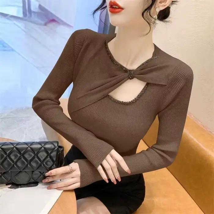 Chandails tricotés pour femmes avec strass automne mode coréenne vêtements ventes Y2k haut Vintage vêtements d'extérieur nœud femme pull