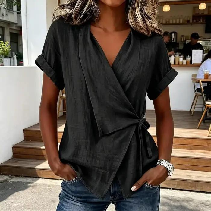 T-shirt Femme Nouveau Style Décontracté Col Montant à Nouer Col en V Asymétrique Manches Courtes avec Liens Latéraux Coupe Ample Irrégulière