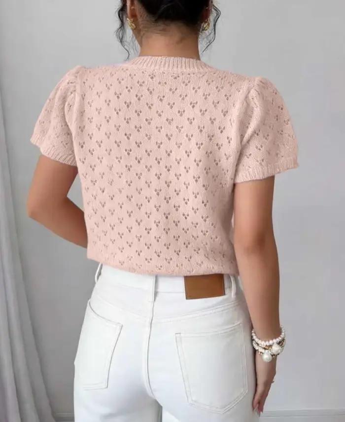 Cardigan en tricot rose élégant à manches courtes pour femme