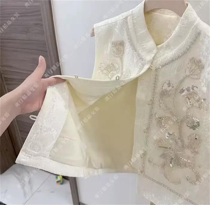 Gilet femme perlé paillettes chinoises ample simple boutonnage