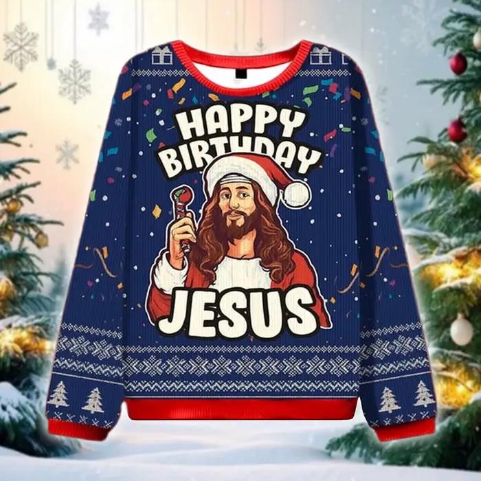 Joyeux anniversaire jésus fête laid pull de noël drôle religieux vacances sweat-shirt cadeaux de célébration