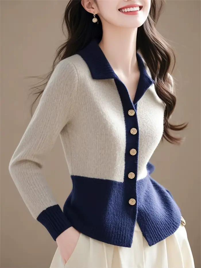 Femmes pull tricoté 2026 nouveau printemps automne mode col Polo couleur bloc tricots Cardigan manteau polyvalent